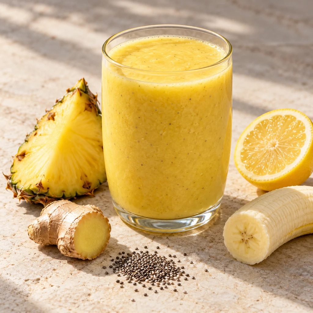 Yellow pineapple and ginger smoothie with a smooth texture