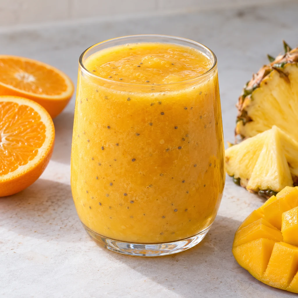 Golden tropical citrus smoothie with orange, pineapple and mango