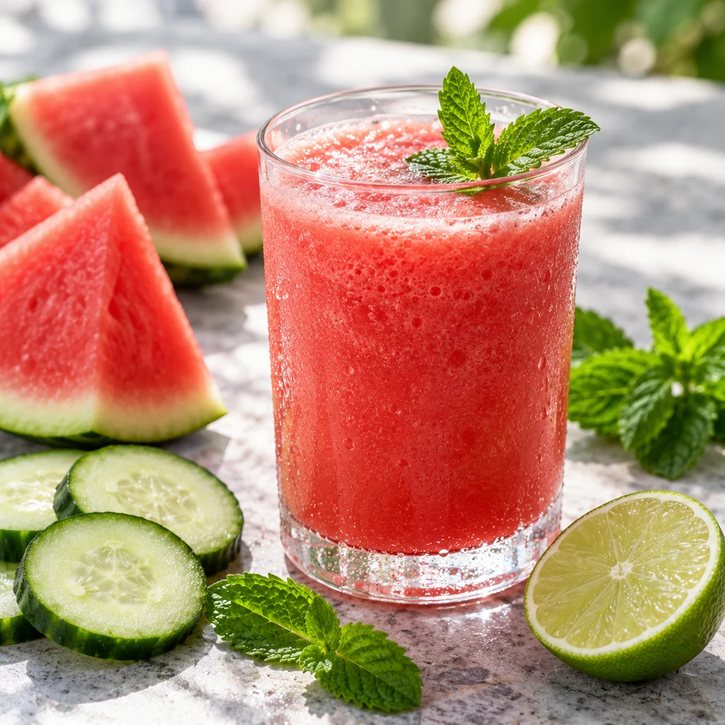 Pink watermelon and mint smoothie in a clear glass