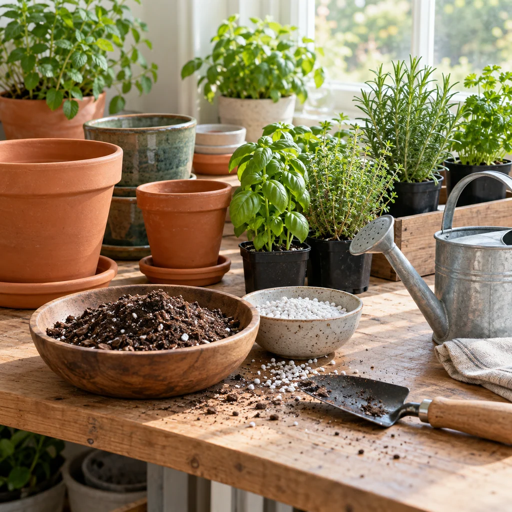Terracotta pots, indoor potting mix, perlite, watering can, and herb plants ready for repotting