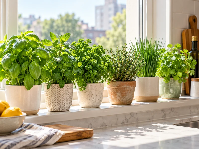 Basil, mint, parsley, thyme, chives, and cilantro growing on a sunny kitchen windowsill