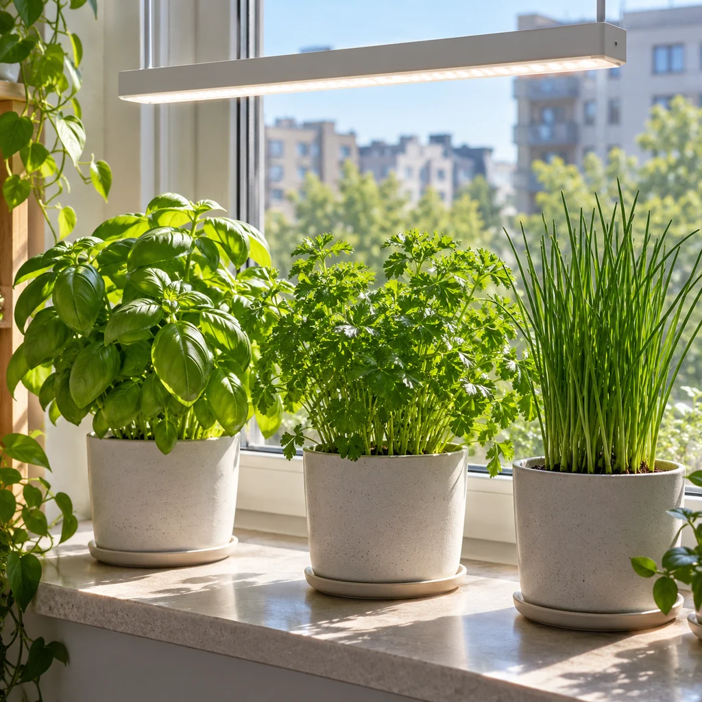 Basil, parsley, and chives growing beside a bright window under a slim LED grow light