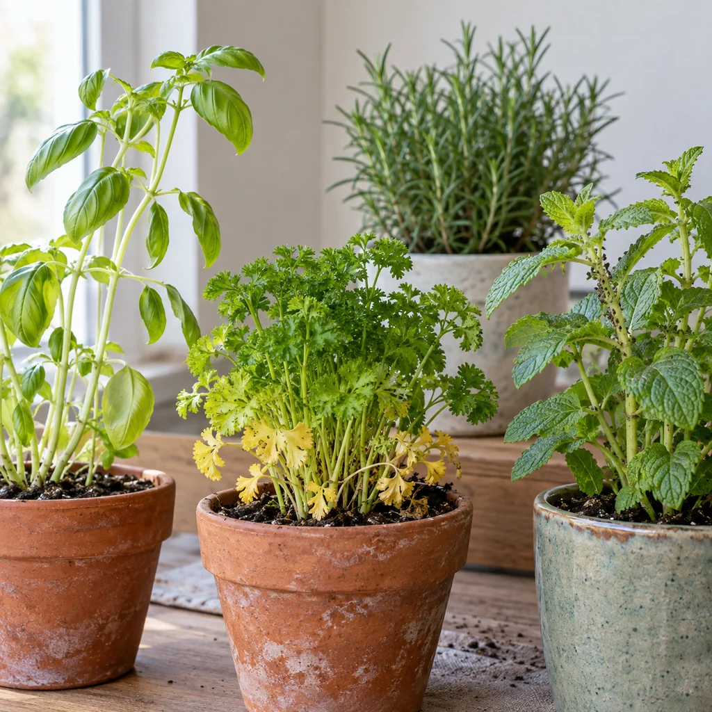 Indoor herbs showing leggy basil, yellow parsley leaves, and aphids on mint