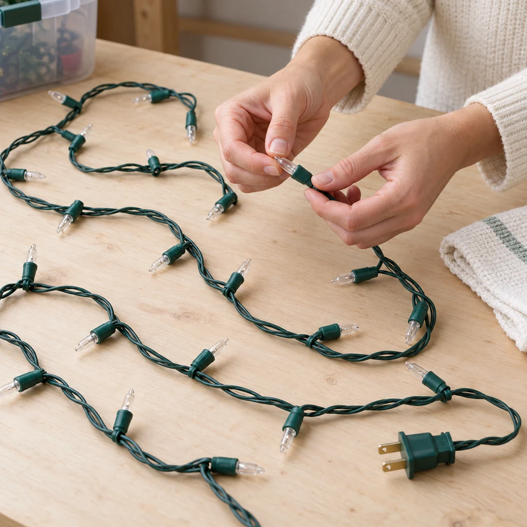 Hands inspecting an unplugged green Christmas light strand on a clear work surface