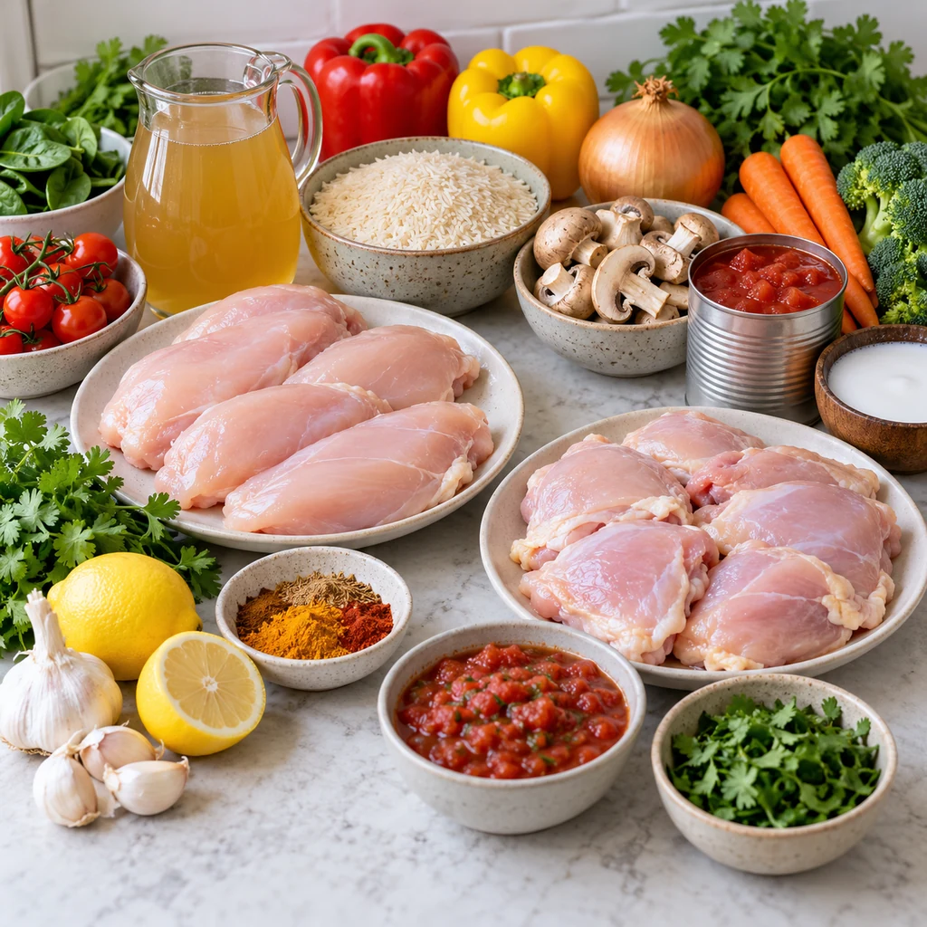 Chicken, broth, rice, mushrooms, garlic, lemon, tomatoes, coconut milk, spices, salsa, herbs, and vegetables