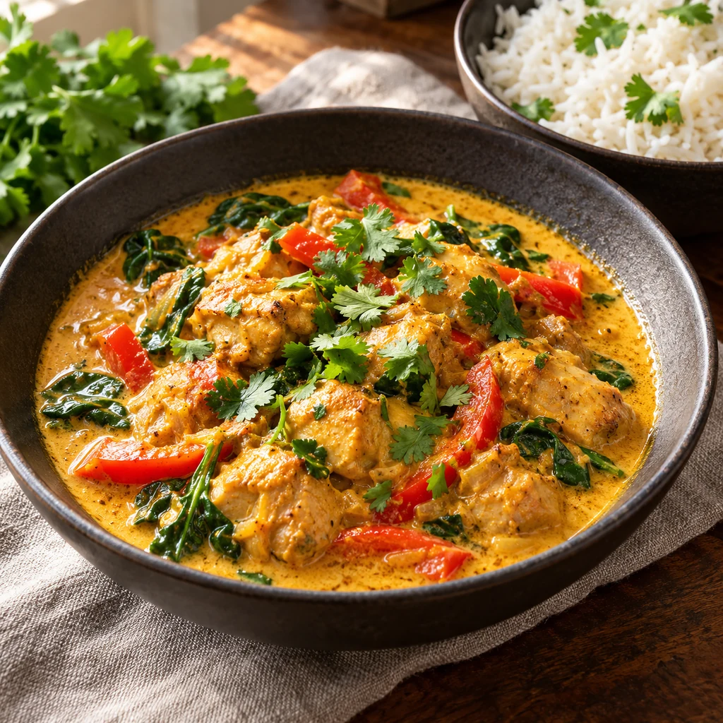 Golden coconut curry chicken with red bell pepper, spinach, and cilantro