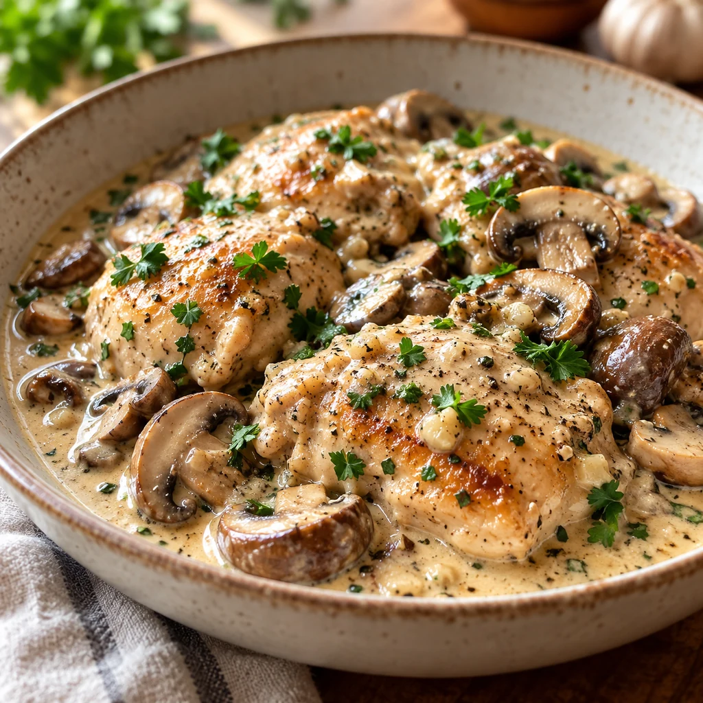 Creamy garlic mushroom chicken in a shallow ceramic bowl