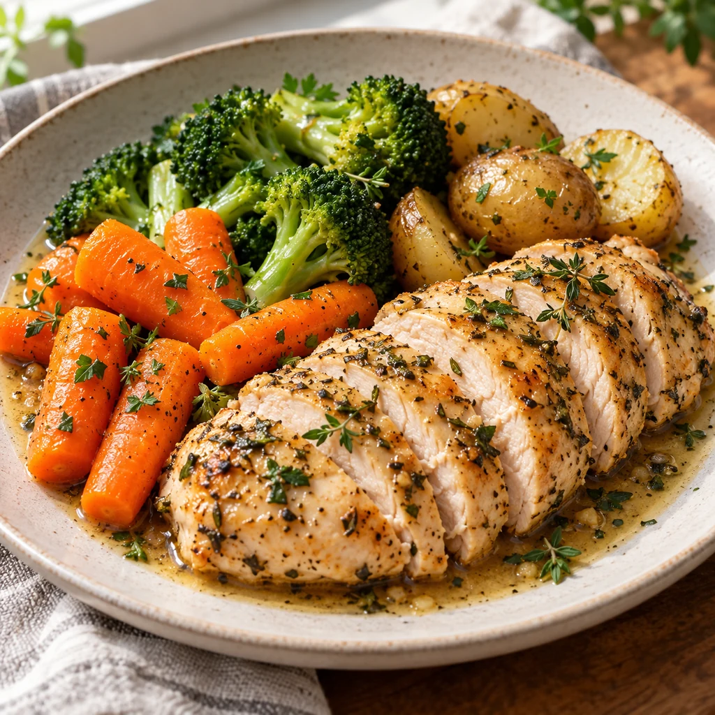Instant Pot herb chicken breasts with carrots, broccoli, and baby potatoes