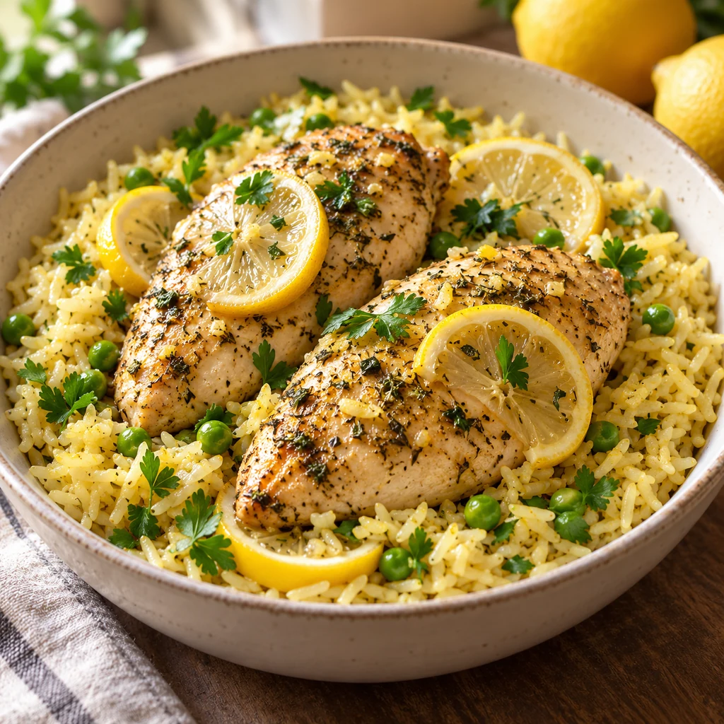 Instant Pot lemon herb chicken breasts served over yellow rice with peas