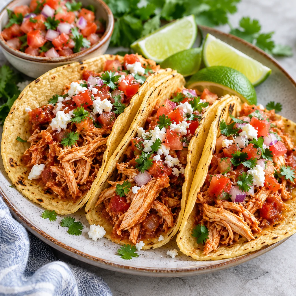 Three tacos filled with Instant Pot salsa shredded chicken, tomato, cilantro, and cheese