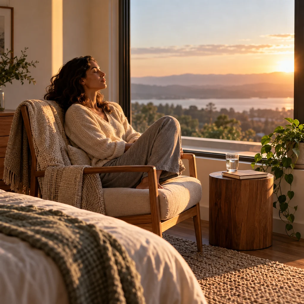 Woman taking a quiet mindful pause beside a sunrise window with water and a closed notebook