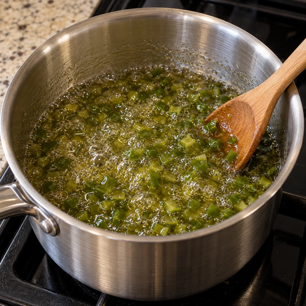 Chopped jalapeno jam at a rolling boil in a stainless saucepan