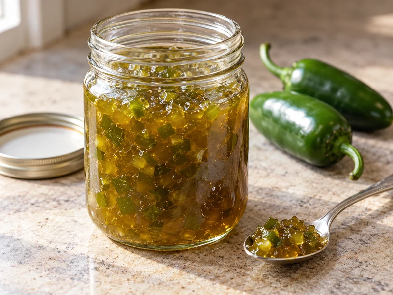Finished small-batch jalapeno pepper jam in an open glass jar with a spoon