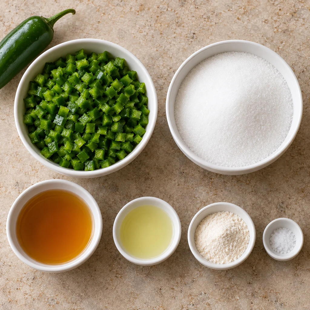 Measured chopped jalapenos, sugar, apple cider vinegar, lime juice, powdered pectin, and salt