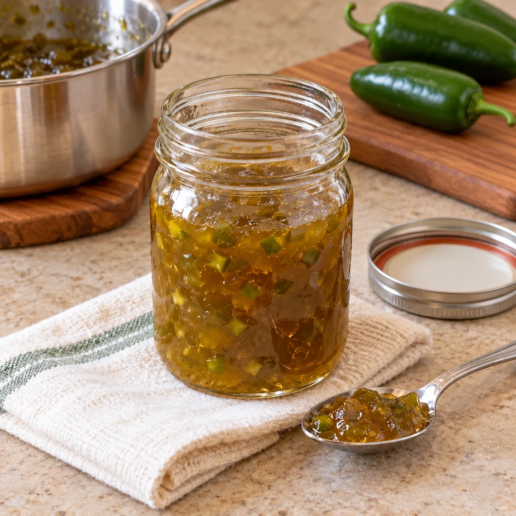 Fresh jalapeno jam cooling uncovered in a glass jar with its lid beside it