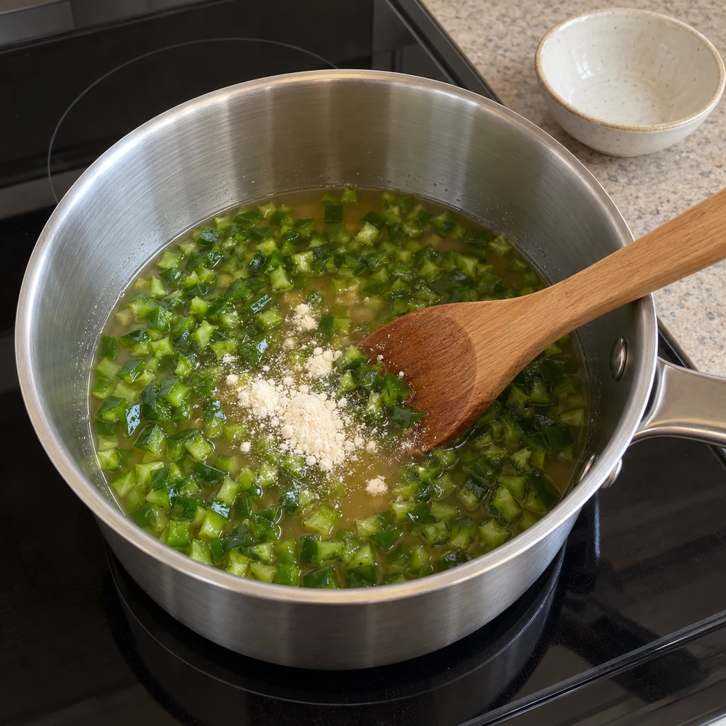 Powdered pectin being stirred into chopped jalapenos and vinegar before heating