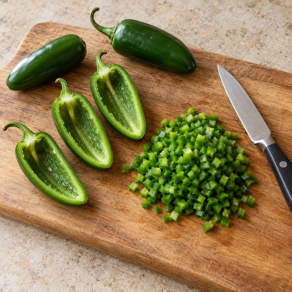 Deseeded jalapeno halves beside finely chopped green pepper pieces