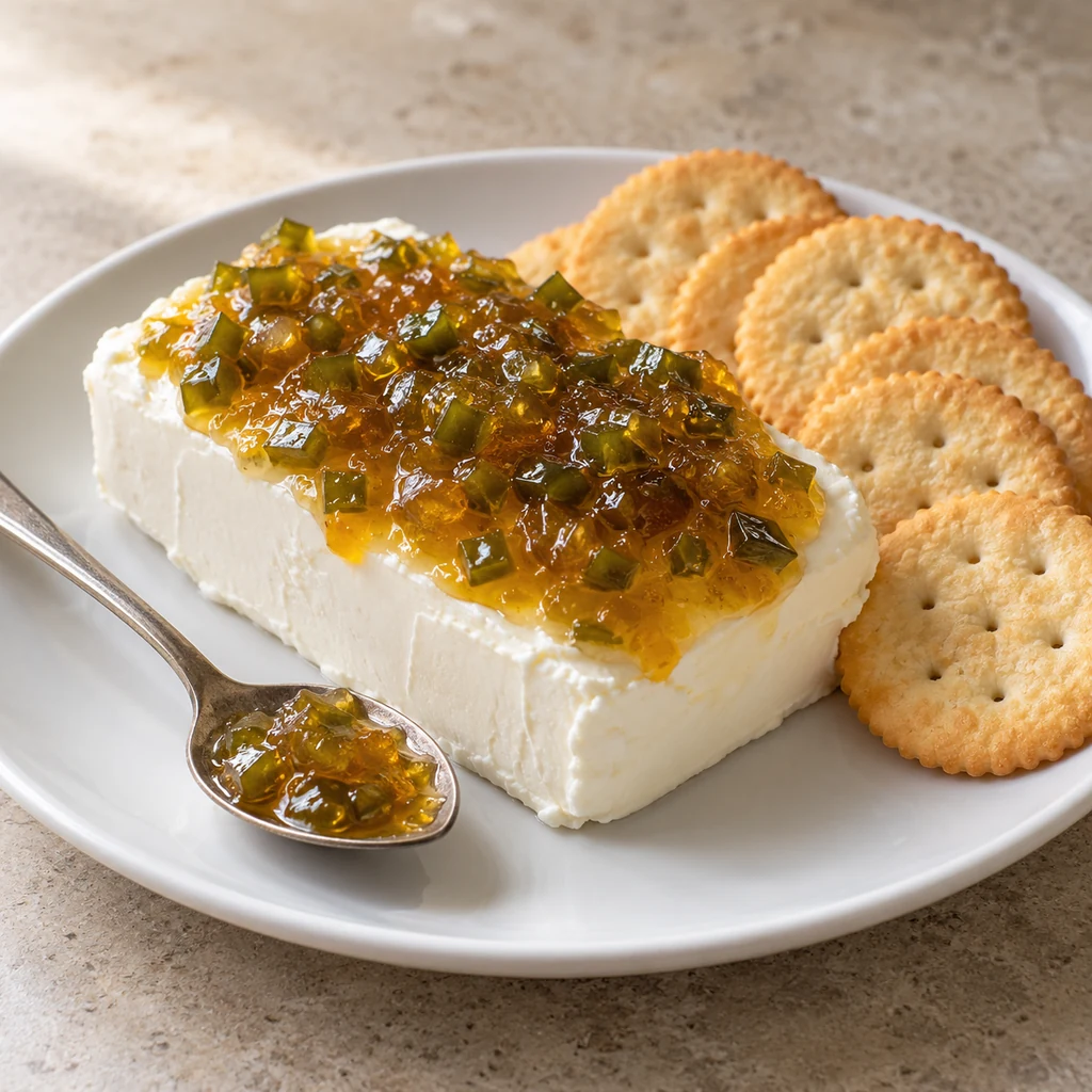 Jalapeno pepper jam spooned over cream cheese with plain crackers
