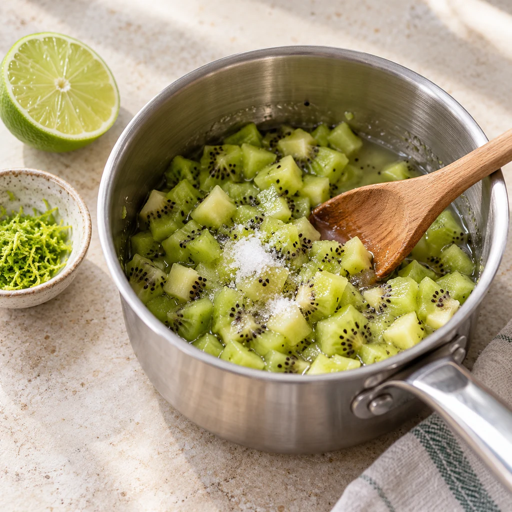 Raw diced kiwi and liquid ingredients combined in a small saucepan before cooking