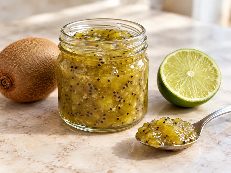 Small jar of finished kiwi lime jam with a spoon, whole kiwi, and lime