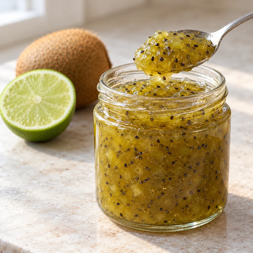 Finished kiwi lime jam holding its shape on a spoon above a small jar