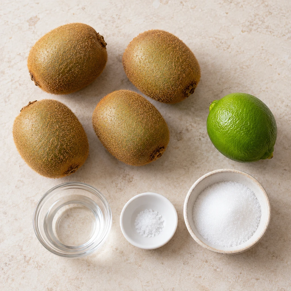 Four whole kiwis, lime, water, salt, and optional monk fruit blend for a small jam batch