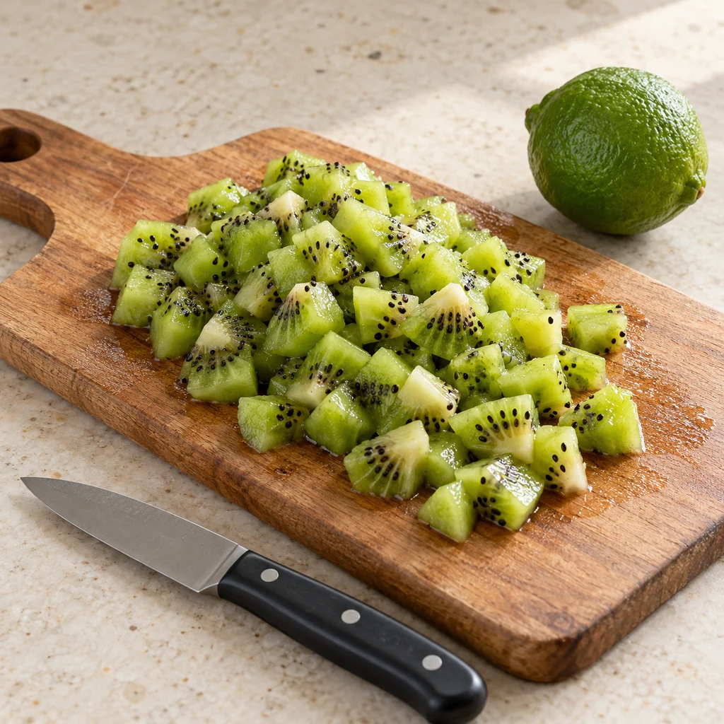 Peeled kiwis diced into small pieces on a cutting board