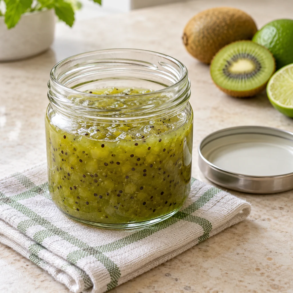 Small jar of kiwi lime jam cooling with space below the rim before refrigeration