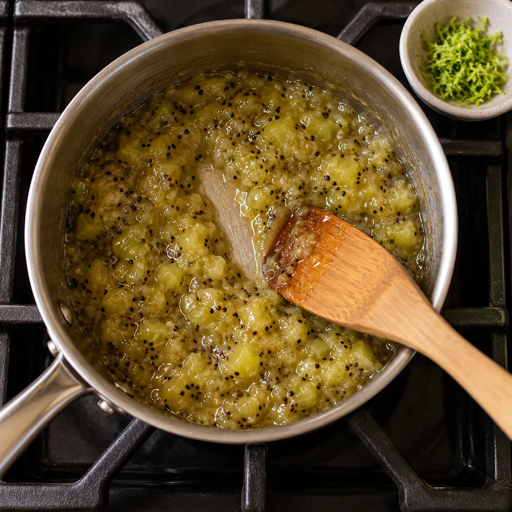 A wooden spatula leaving a brief trail through thickening kiwi lime jam
