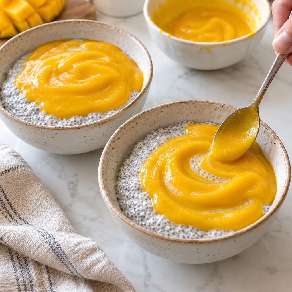 Mango puree being layered with coconut chia pudding in two breakfast bowls
