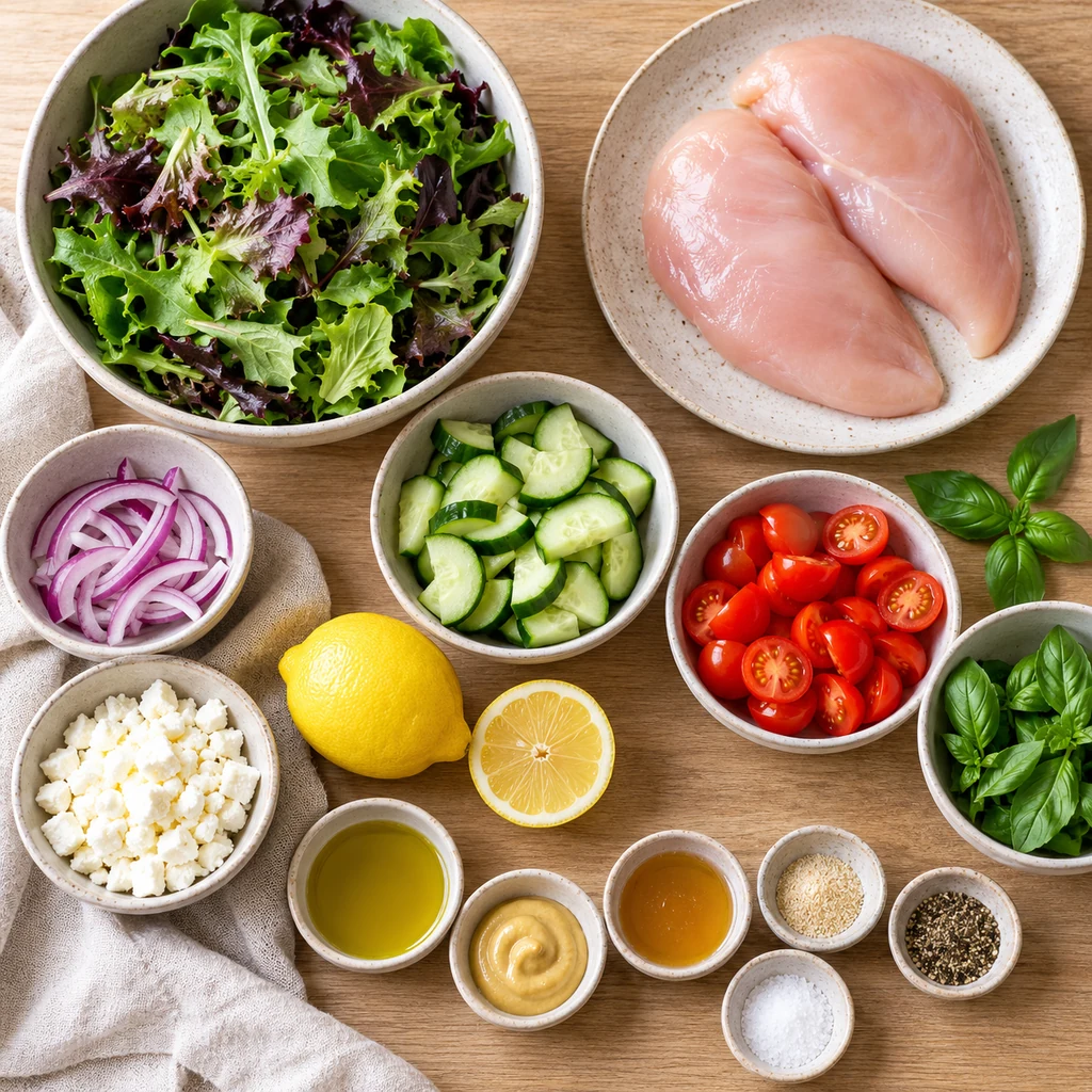 Chicken breasts, greens, cucumber, tomatoes, onion, basil, lemon, feta and dressing ingredients