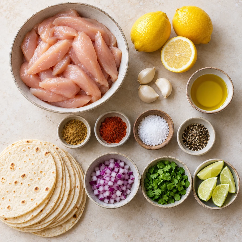 Chicken, garlic, lemons, olive oil, cumin, paprika, salt, pepper, tortillas, red onion, cilantro and lime