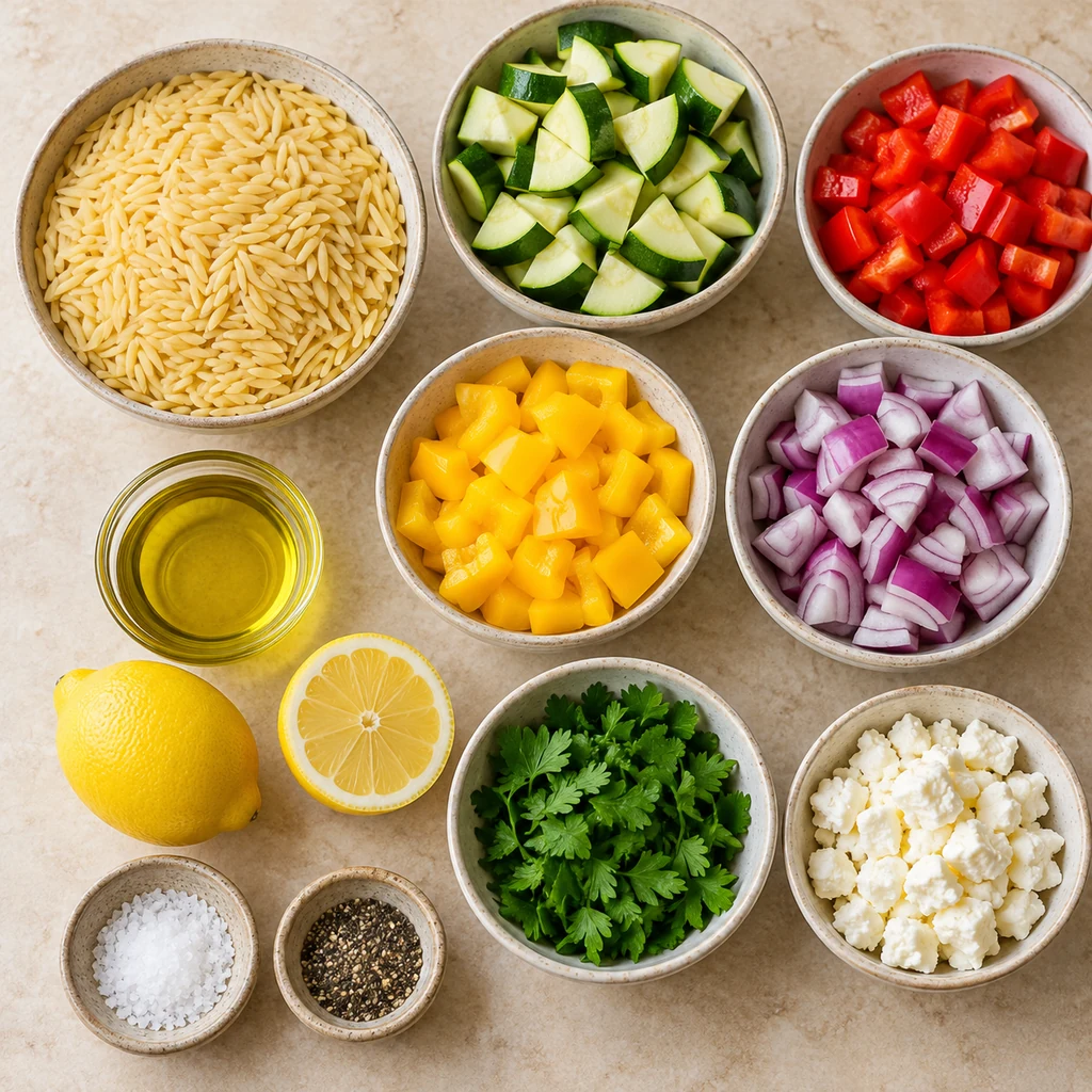 Orzo, zucchini, red and yellow bell peppers, red onion, olive oil, lemon, parsley, feta, salt and pepper
