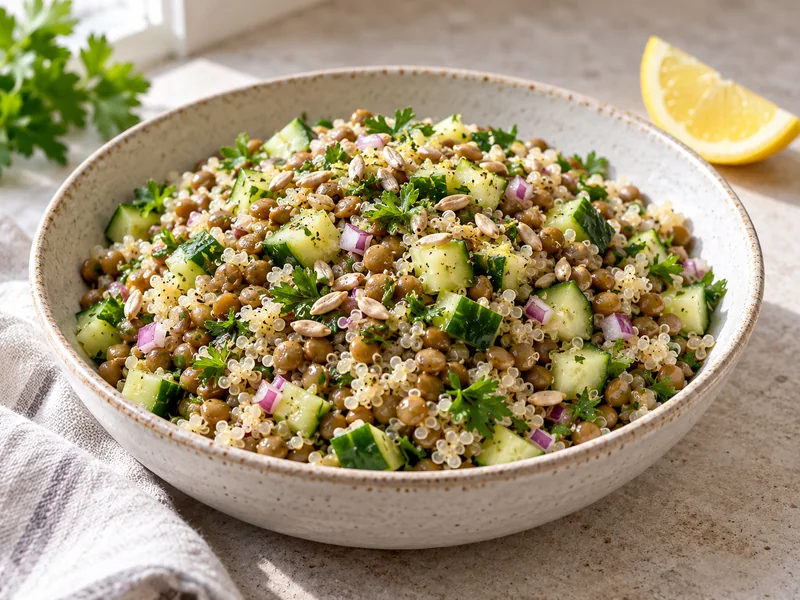Lentil and quinoa salad with cucumber, red onion, parsley and sunflower seeds
