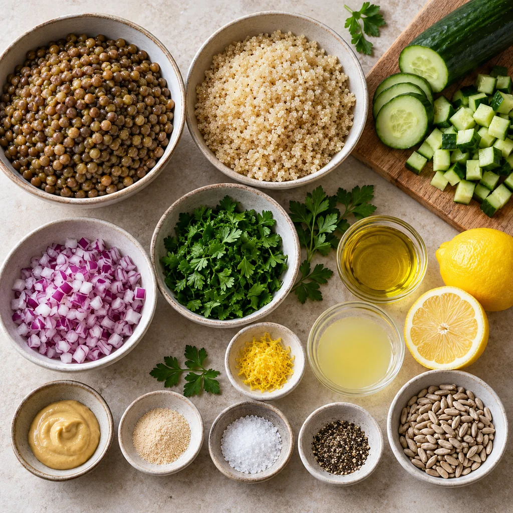 Cooked lentils, quinoa, cucumber, red onion, parsley, olive oil, lemon, Dijon, garlic powder, seasonings and sunflower seeds