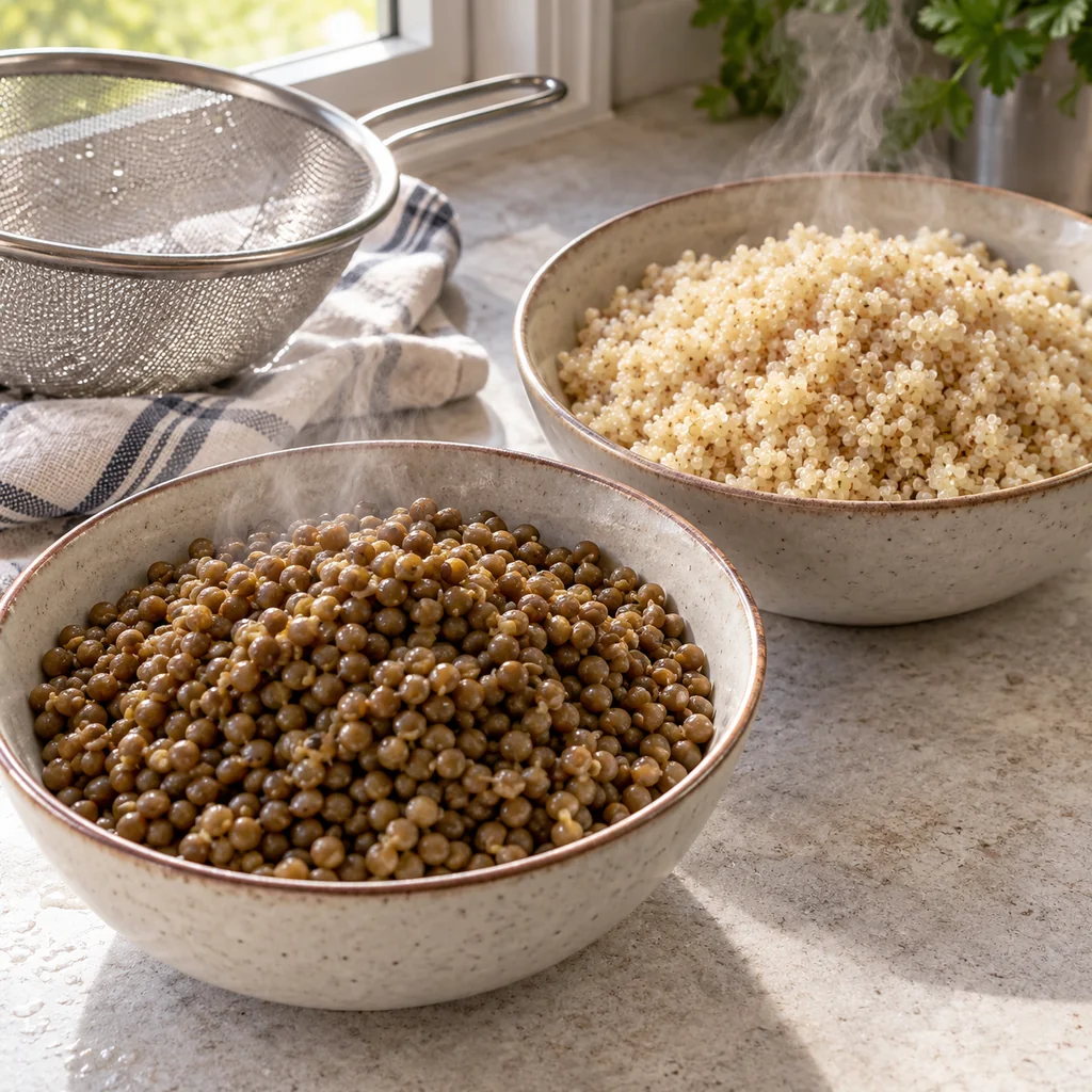 Cooked lentils and fluffy quinoa cooling in separate bowls beside a strainer