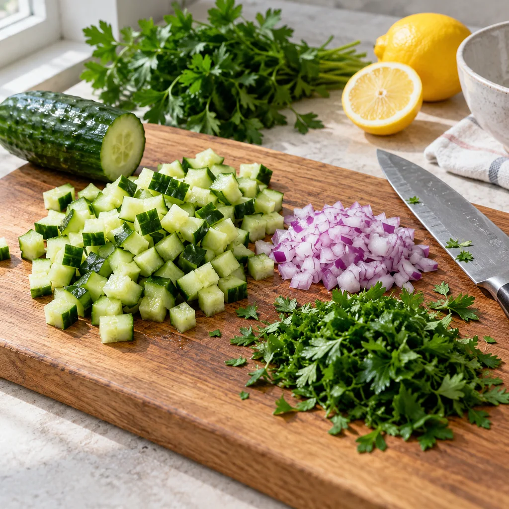 Diced cucumber, finely chopped red onion and parsley on a cutting board