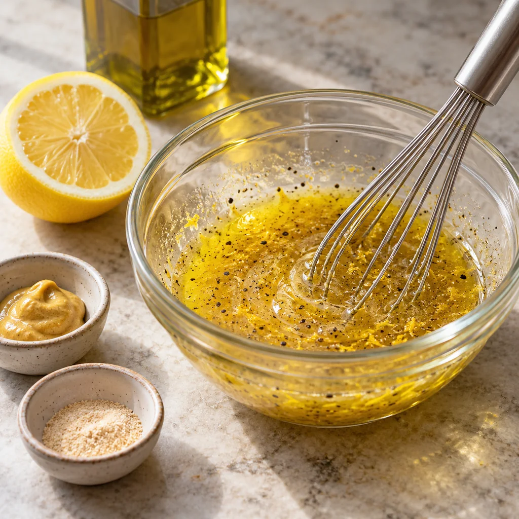Lemon, olive oil, Dijon mustard and garlic powder whisked into dressing in a glass bowl