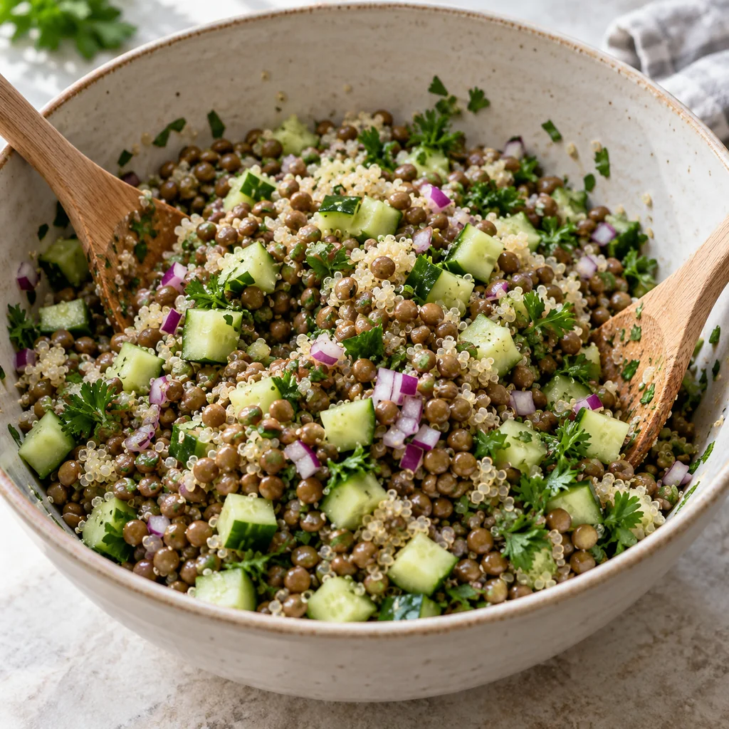 Lentils, quinoa, diced cucumber, red onion and parsley tossed in a mixing bowl
