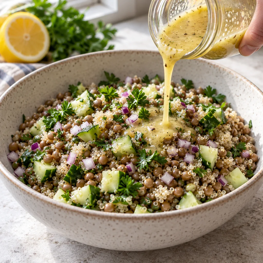 Lemon Dijon dressing poured over lentil, quinoa and cucumber salad