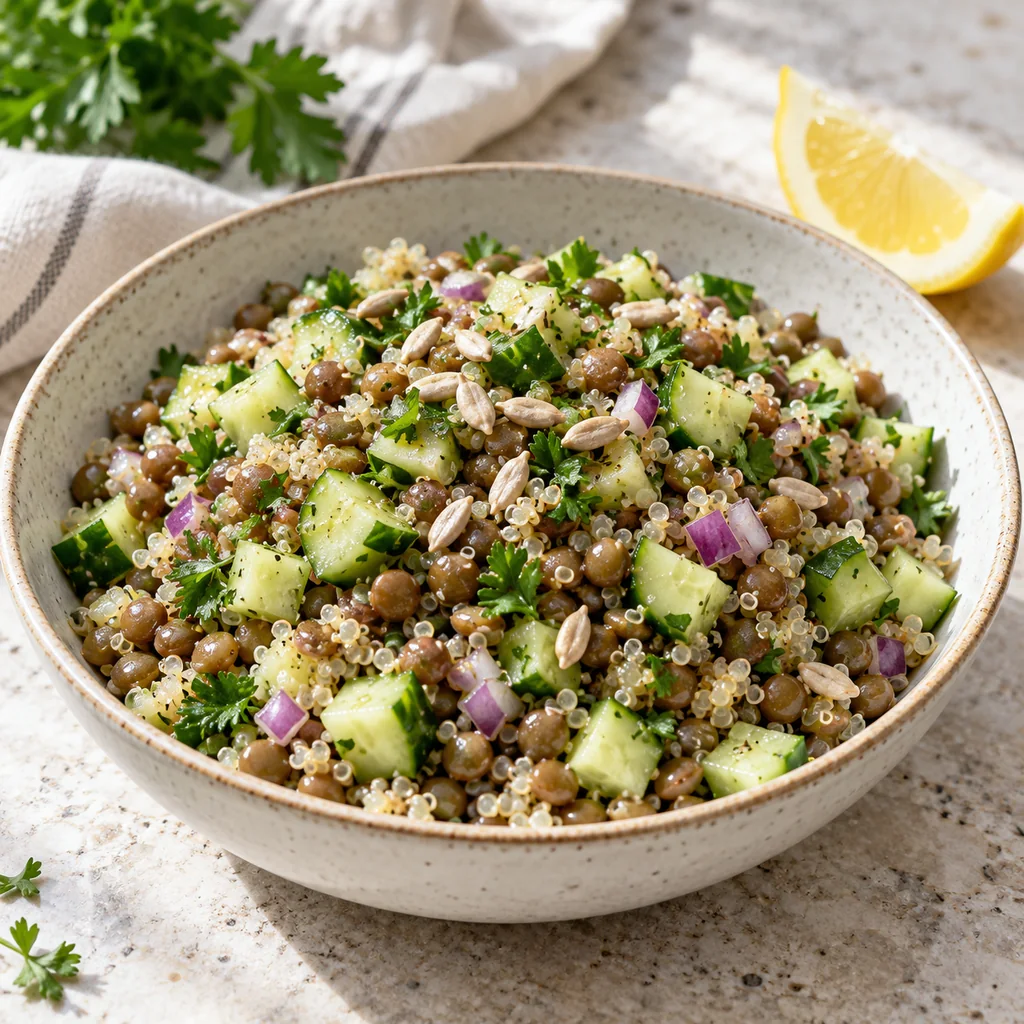 Finished lentil and quinoa salad with cucumber, parsley and sunflower seeds