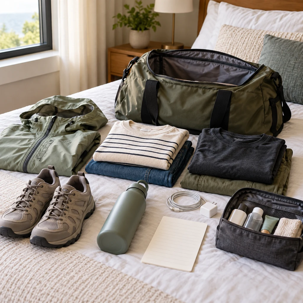 Compact weekend duffel with clothing, shoes, jacket, and travel essentials