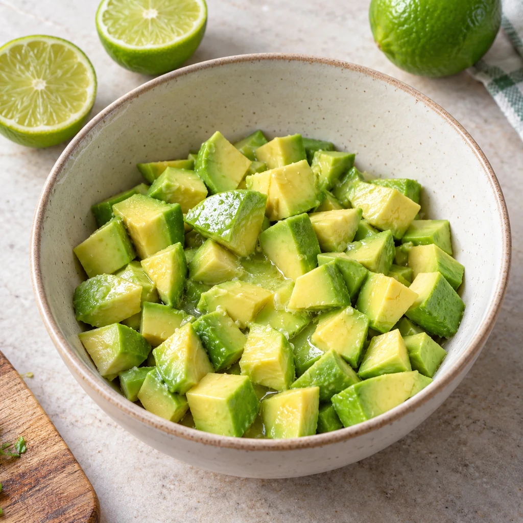 Chunky ripe avocado cubes coated with fresh lime juice in a ceramic mixing bowl