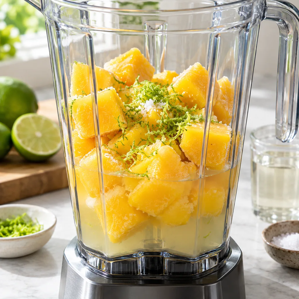 Frozen mango, lime zest, salt and cooled syrup loaded into a blender