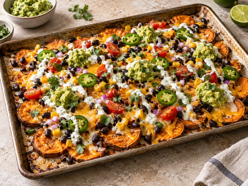 Loaded sweet potato nachos with cheese, black beans, corn, jalapeno, tomatoes, guacamole and lime crema