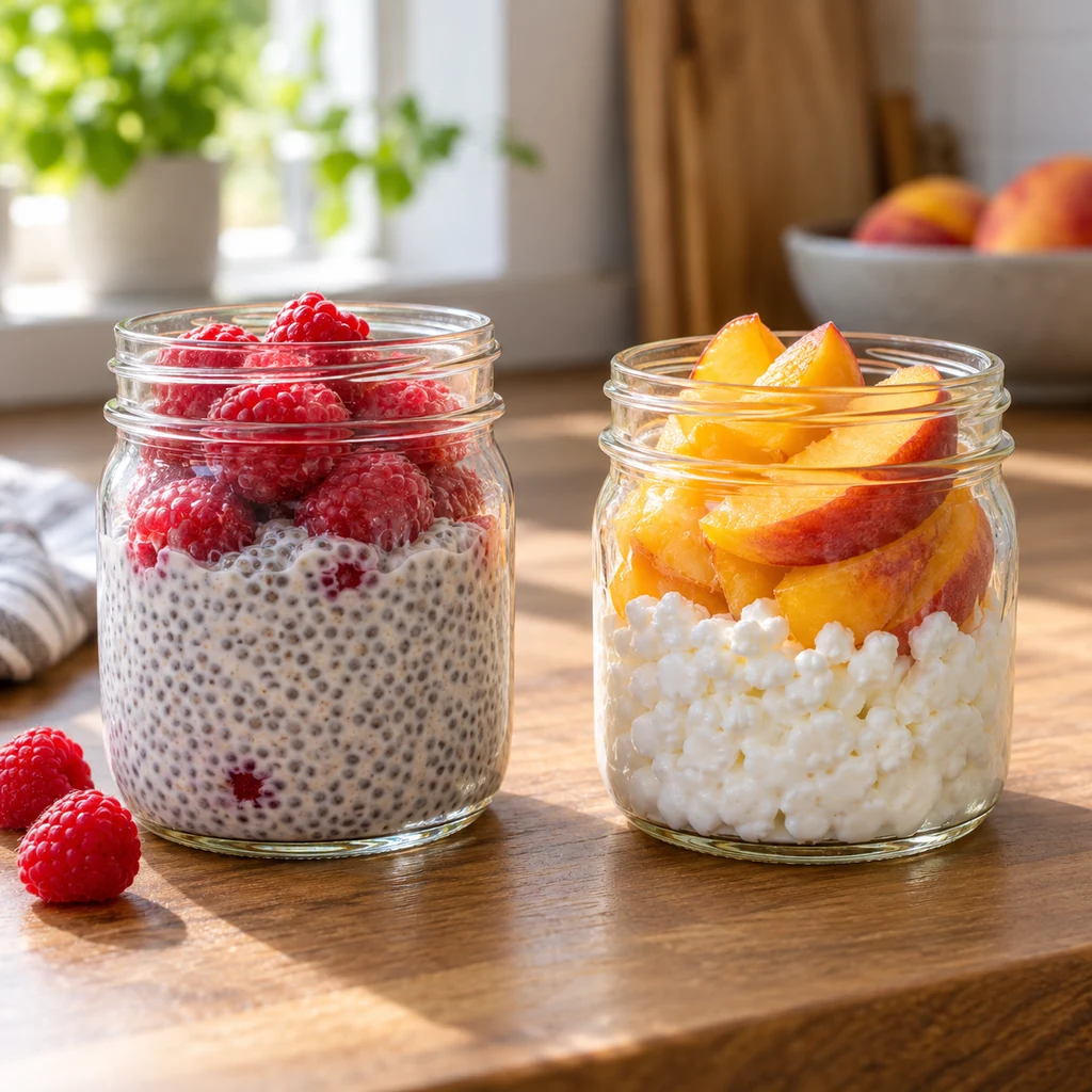 Chia pudding with raspberries and cottage cheese with peaches in glass jars