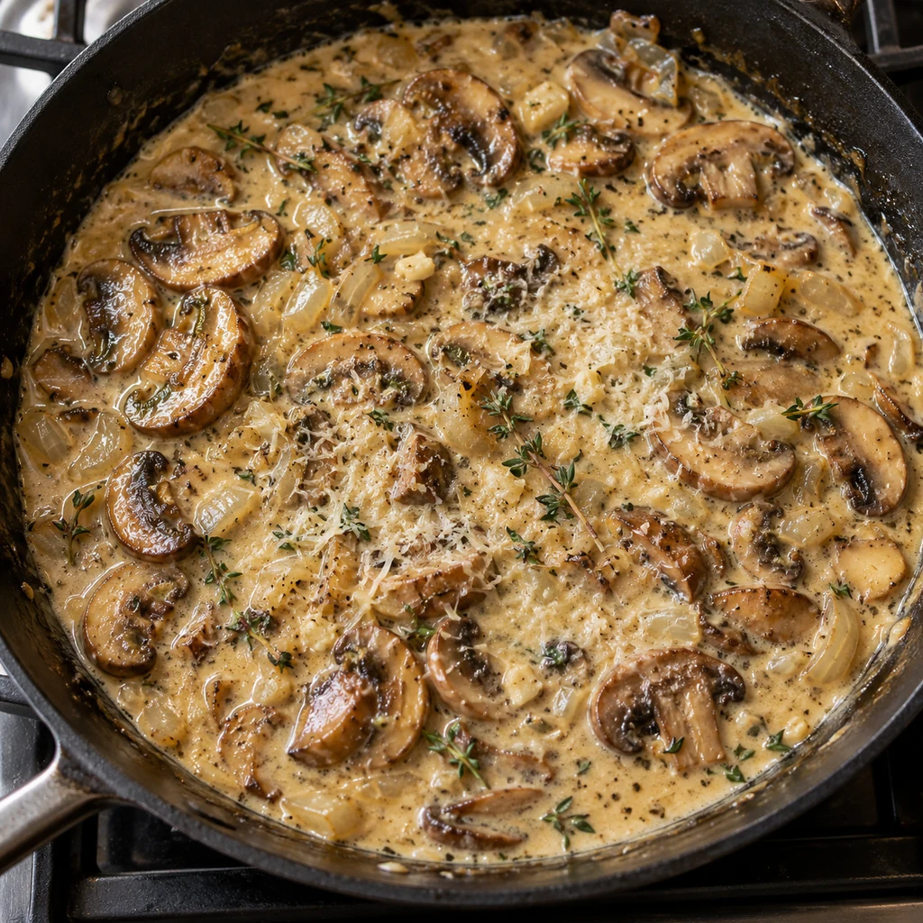 Creamy Parmesan mushroom sauce simmering with onion, garlic and thyme
