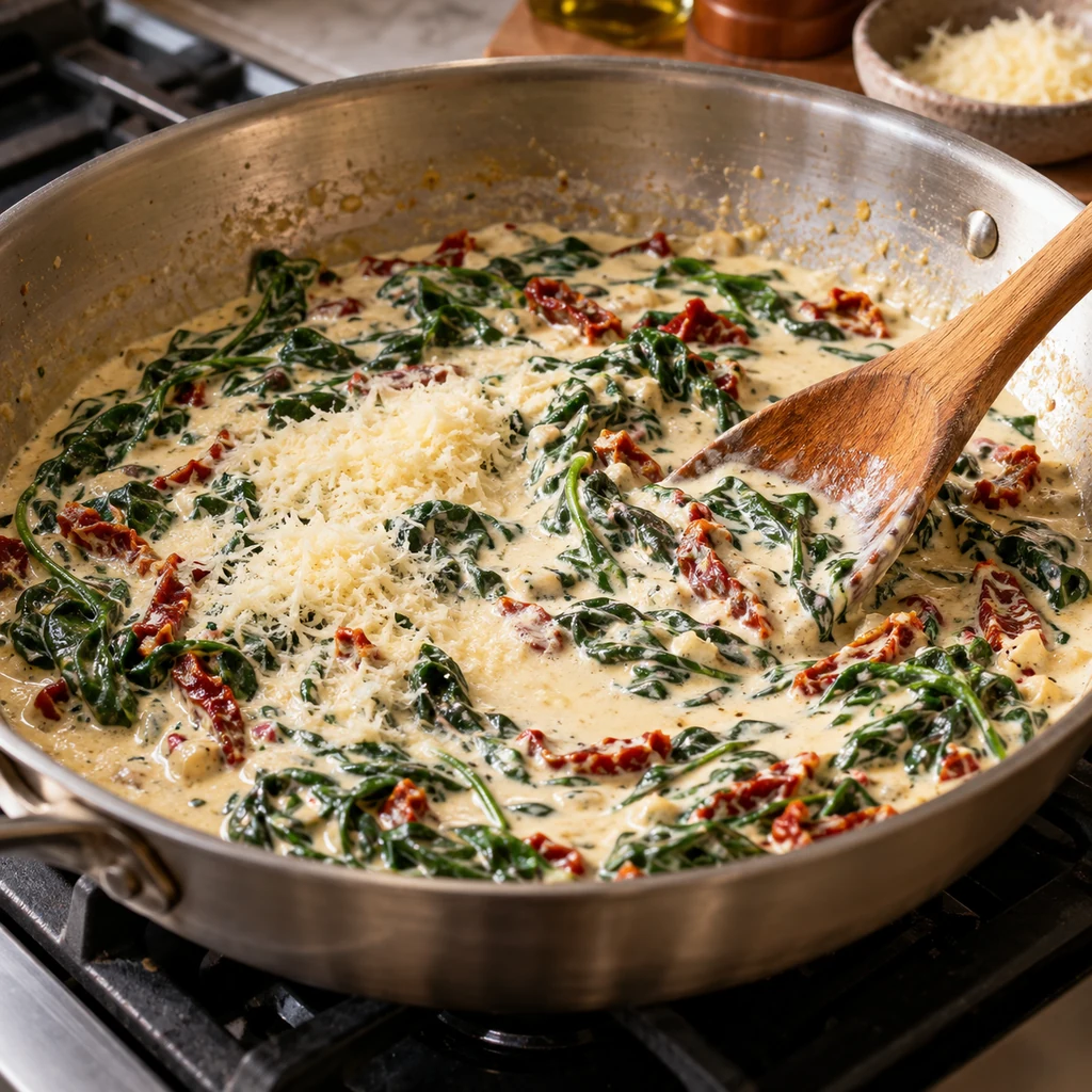 Cream, Parmesan, spinach and sun-dried tomatoes forming a smooth skillet sauce