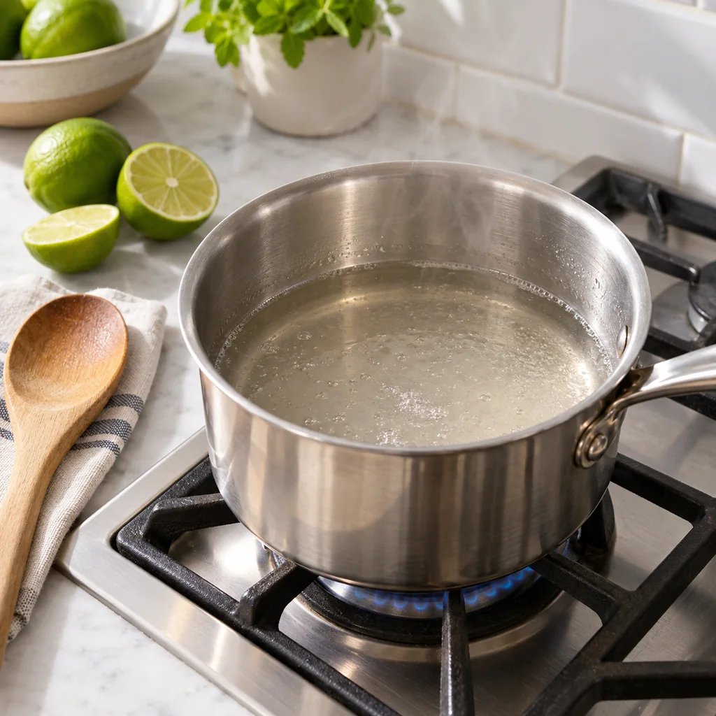 Sugar and water dissolving in a small stainless saucepan for sorbet syrup