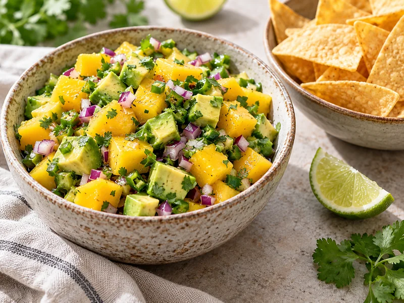 Chunky mango and avocado salsa with cilantro beside a bowl of tortilla chips and lime